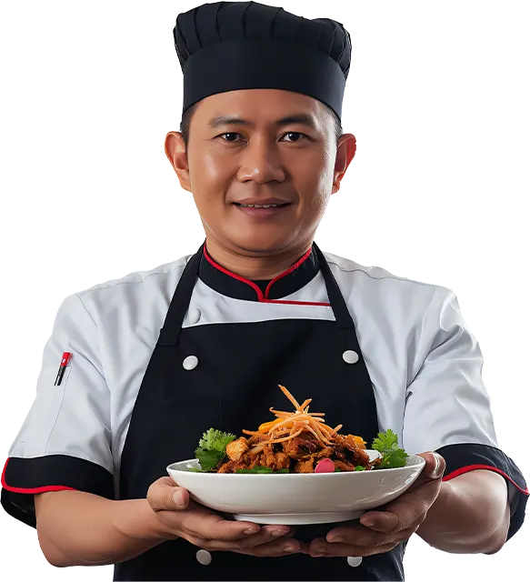Vietnamese chef white kitchen holds delicious plate